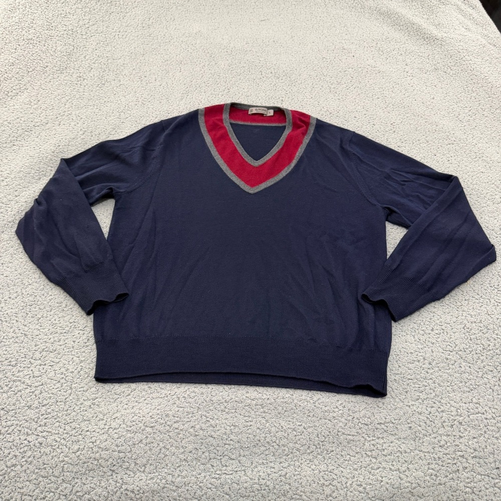 G/FORE Mens V-Neck Wool Sweater Navy Blue Red Grey Stripe Trim Size L Golf
